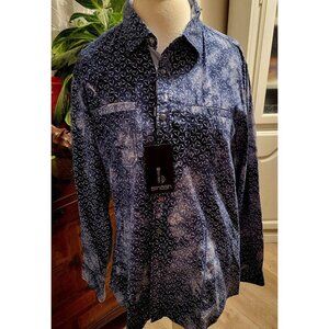 SMASH TRENDS Blue LS Shirt Snap down Distressed Shark Pattern L NWT